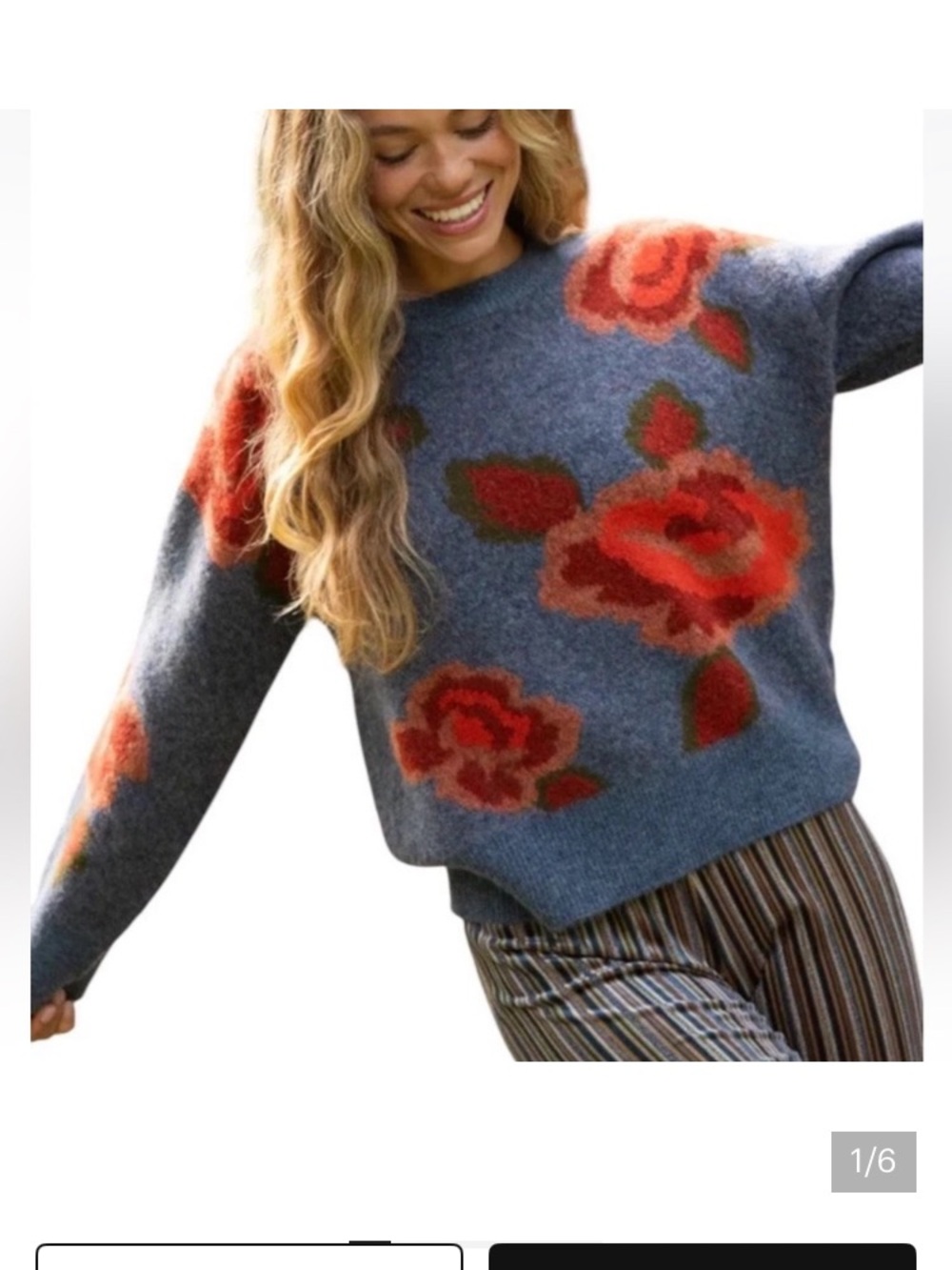 NATURAL LIFE Heather Blue Crewneck Sweater with Orange Floral Accents. Size M. - Picture 1 of 6